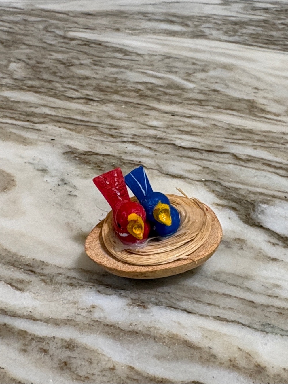 Wooden Mini Bird Nest Figurine - Red & Blue Birds